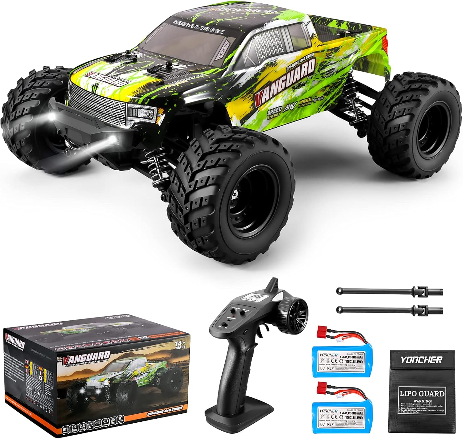 YONCHER YC300 RC Cars, 1:12 Large RC Cars for Adults, Remote Control Truck 45+Km/h High Speed All Terrains, 4WD Hobby 4X4 Waterproof Off Road RC Truck, RC Crawler with 2 Battery for Boys