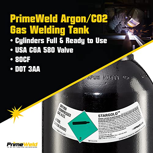 PrimeWeld 75% Argon 25% CO2 Bottle | DOT 3AA | USA CGA 580 Valve | Best Gas Blend for MIG Welding | Cylinders Full & Ready to Use
