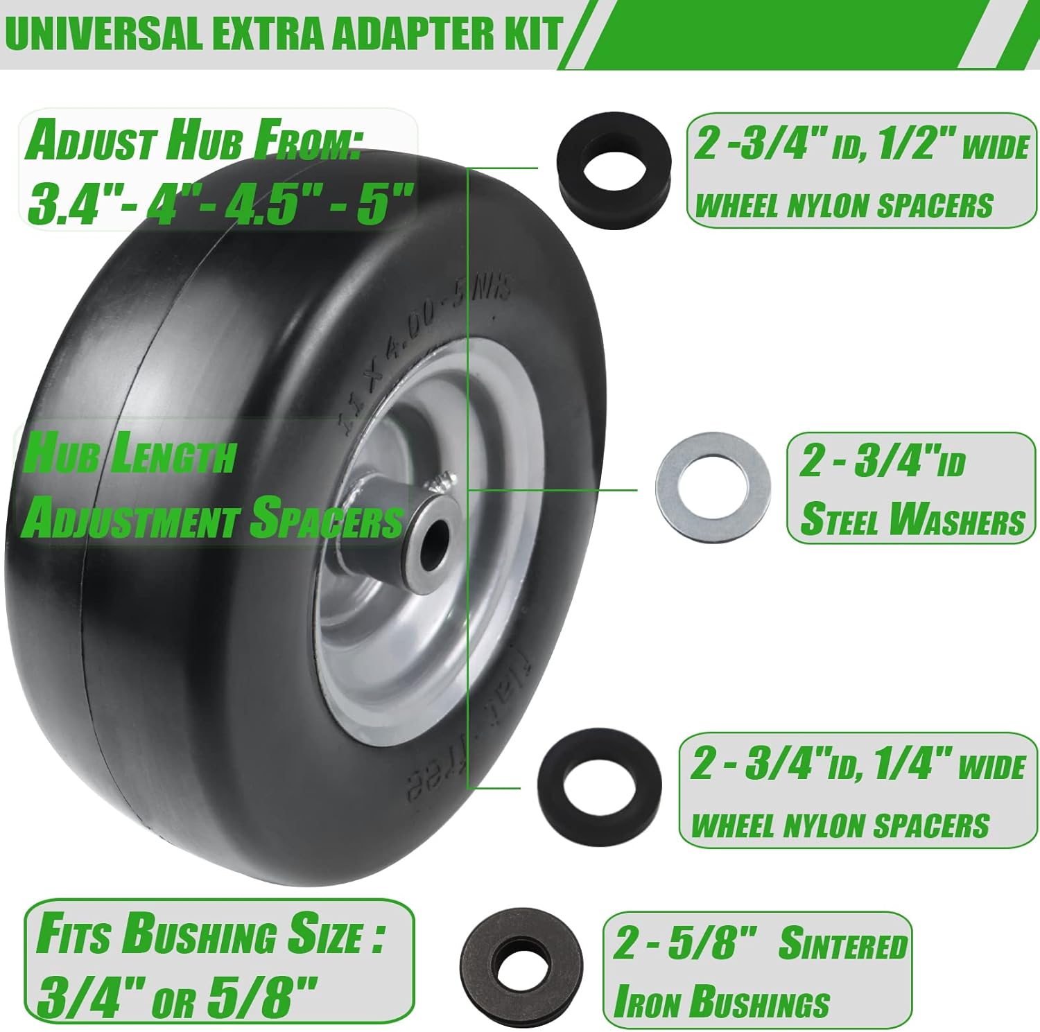 2 PCS 11x4.00-5" Flat Free Lawn Mower Tire on Wheel, 3/4" or 5/8" Bushing, 3.4"-4"-4.5 -5" Centered Hub, Universal Fit Smooth Tread Tire for Zero Turn Lawn Mowers, with Universal Adapter Kit