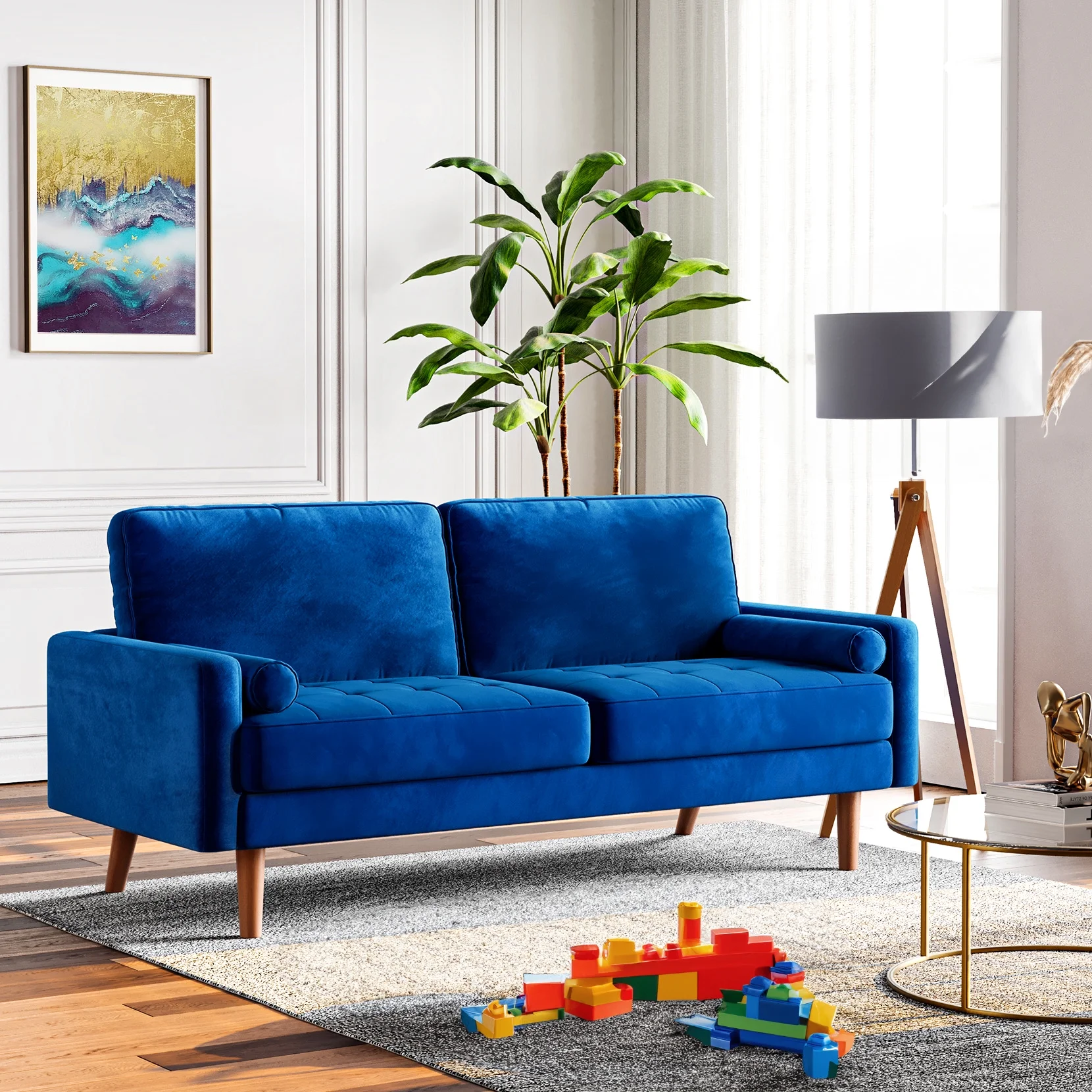 NAIMP 69.3'' W Blue Couches, Velvet Rolled Arm Sofa, Upholstered 3-Seater Loveseat w/Armrest for Living Room Bedroom, Apartment, Home Office