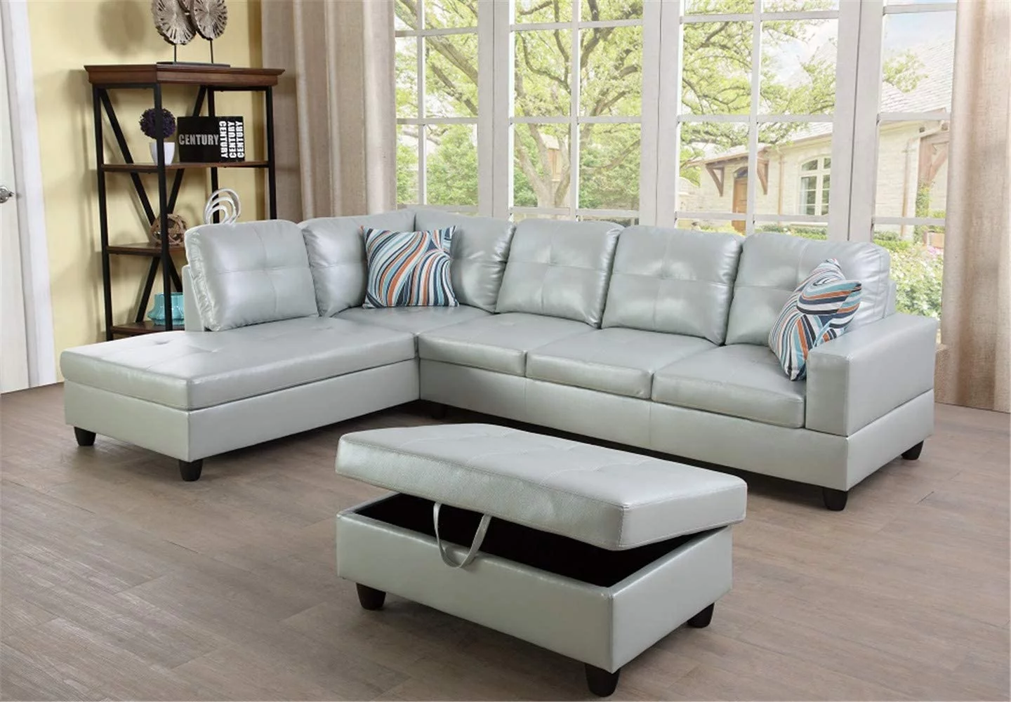 Ainehome Furniture Silver Green Leather Sectinal Sofa Set, L-Shaped Modern & Contemporary Sofa with Chaise Storage Ottoman for Living Room Furniture - Left Hand Facing