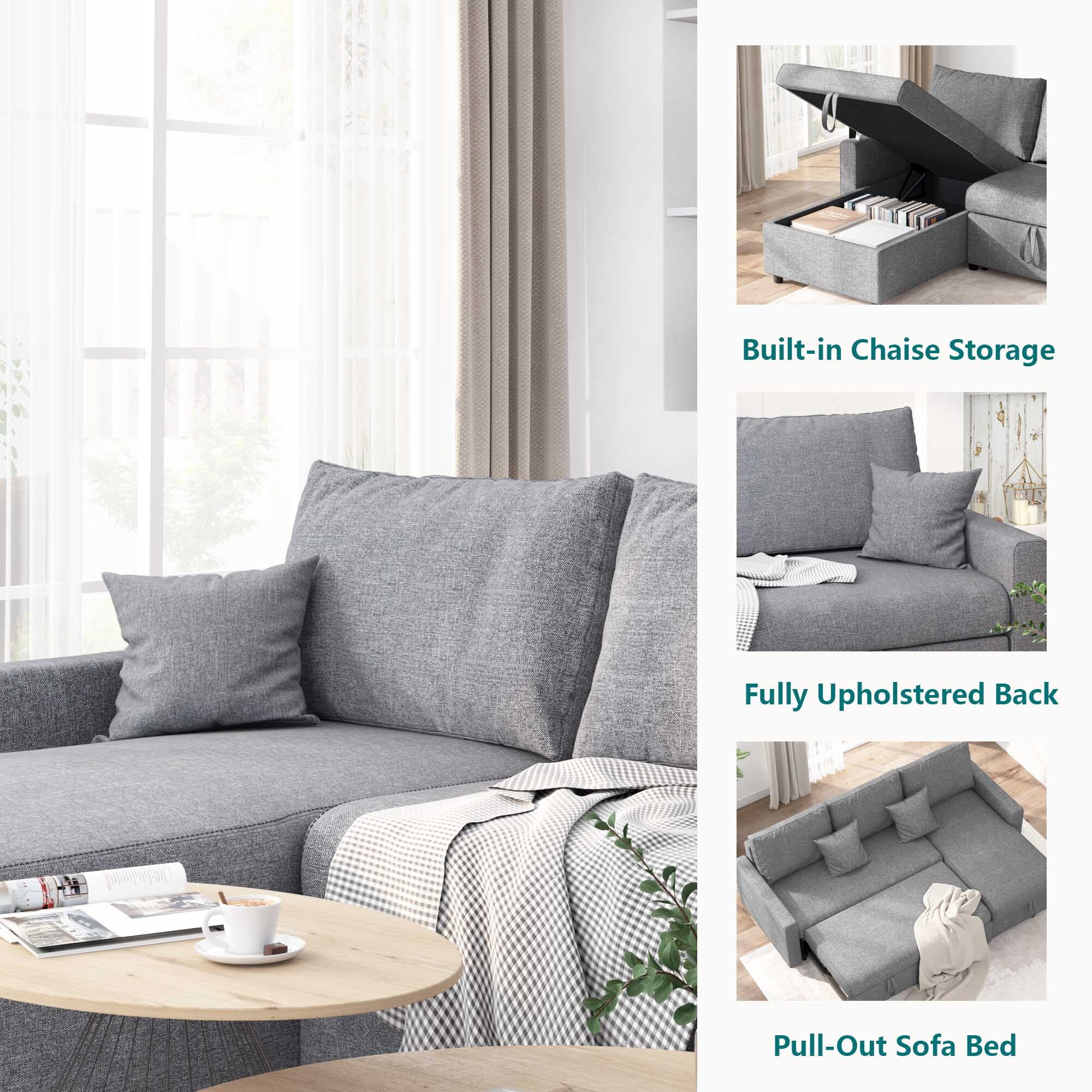 Soges 85" Pull Out Sofa Bed L Shape Sofa with Storage Chaise, Linen Fabric 3 Seater Couch, Dark Gray
