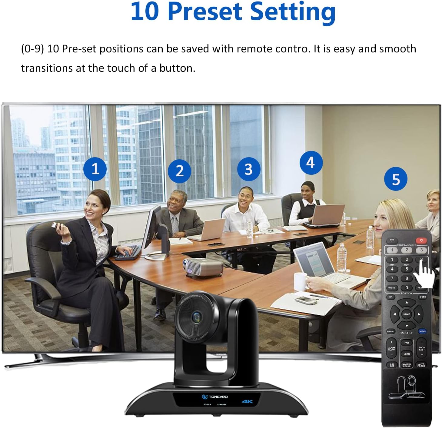 4K PTZ Webcam Video Conference Camera with 5X Digital Zoom and Remote Control USB 124-Degree Wide-Angle for Skype/Teams/Zoom Meeting Live Streaming by TONGVEO
