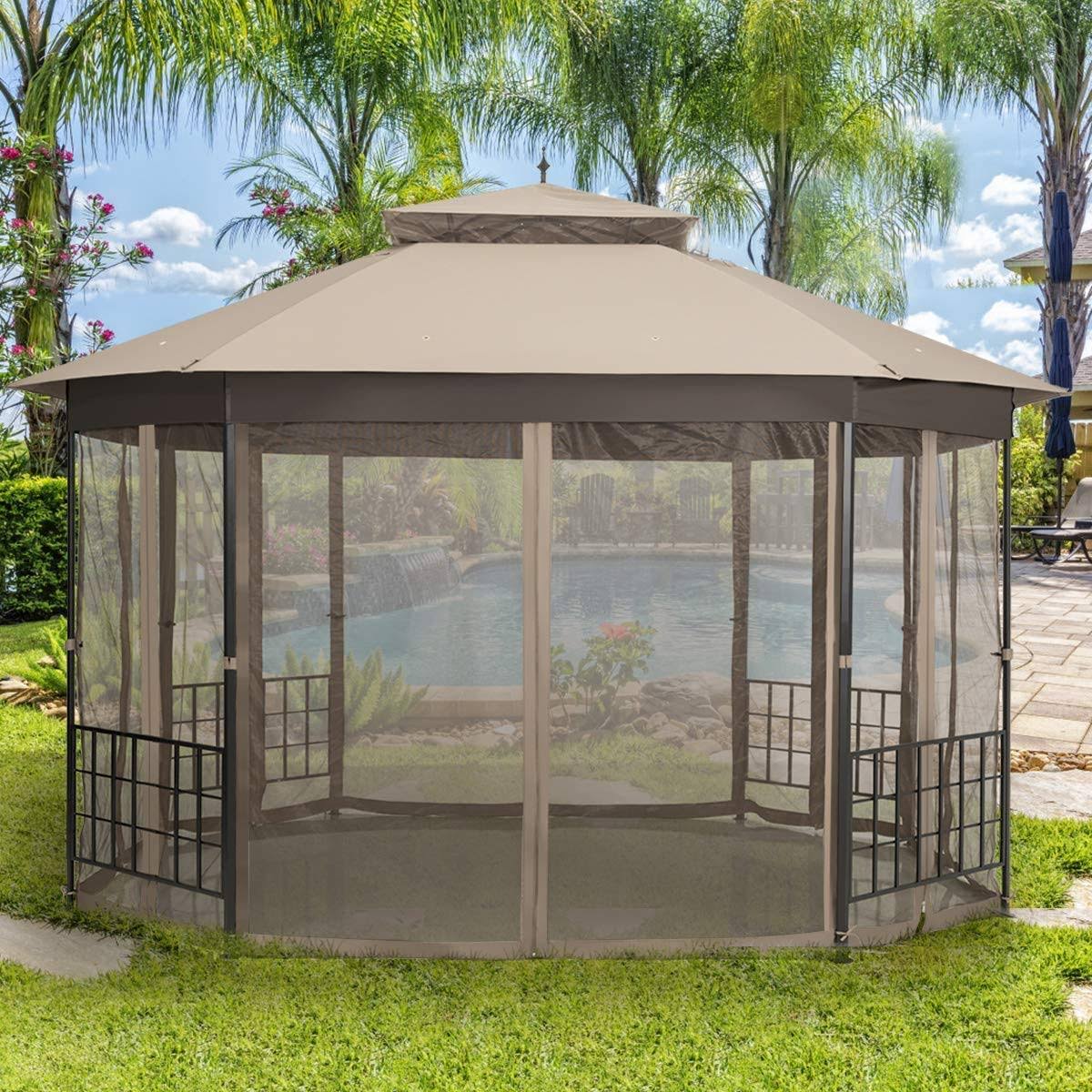 Moccha 10 x 12 ft Heavy Duty Octagonal Canopy Tent Patio Gazebo with Netting Sidewalls and Sturdy Steel Frame, Double Roof Vente