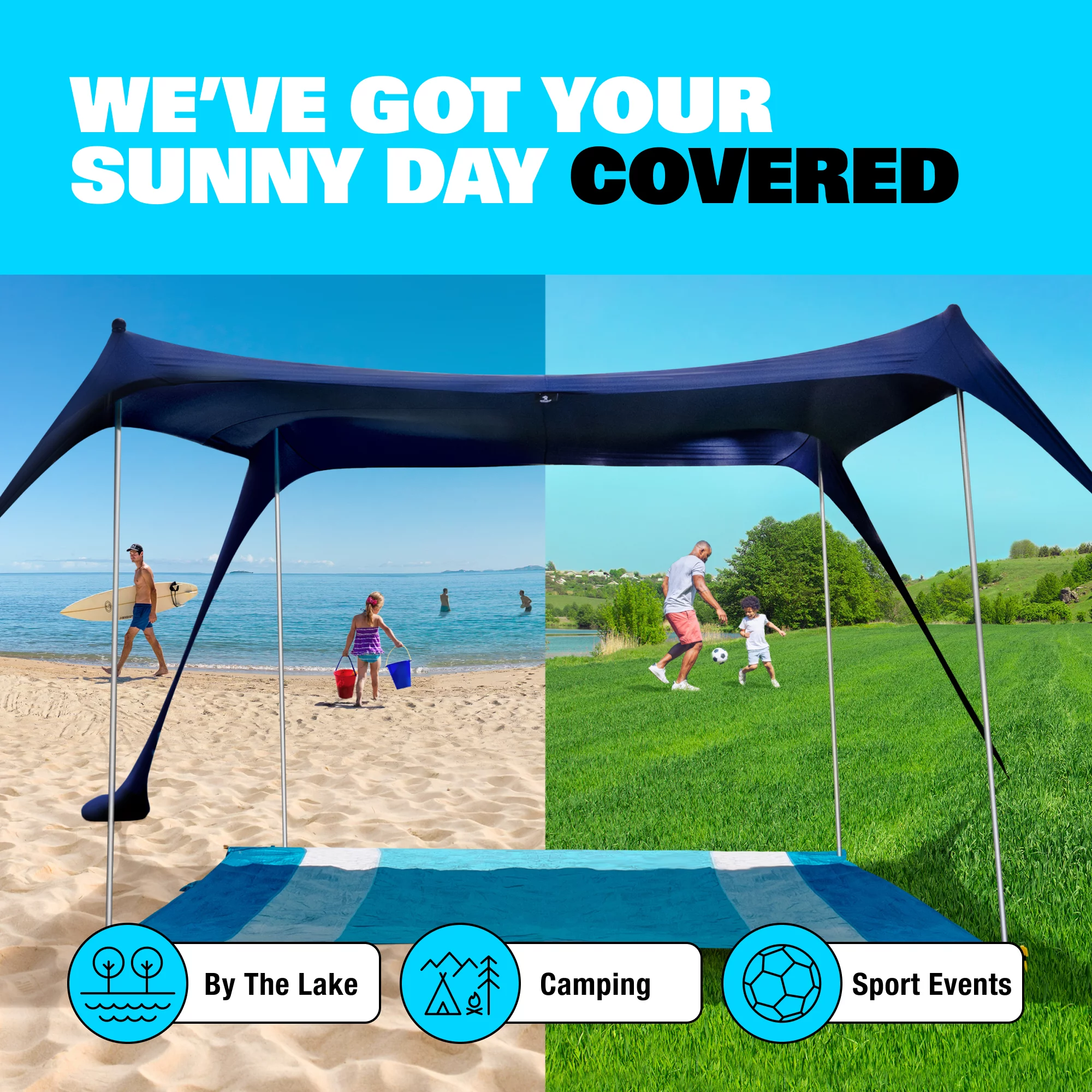 SUN NINJA Pop Up Navy Blue Beach Tent UPF50+ with Shovel, Pegs & Stability Poles
