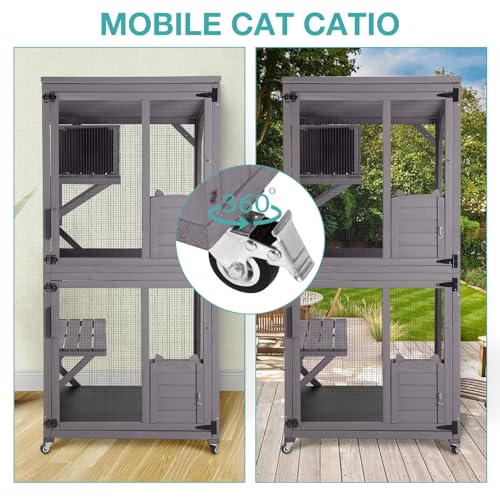 Catio Outdoor Cat Enclosure,Cat House with Wheels,Upgraded cat Scratching Post，Resting Box,Waterproof Roof for Patio Garden (Grey, 31.5" L x 31.5" W x 70.9" H)