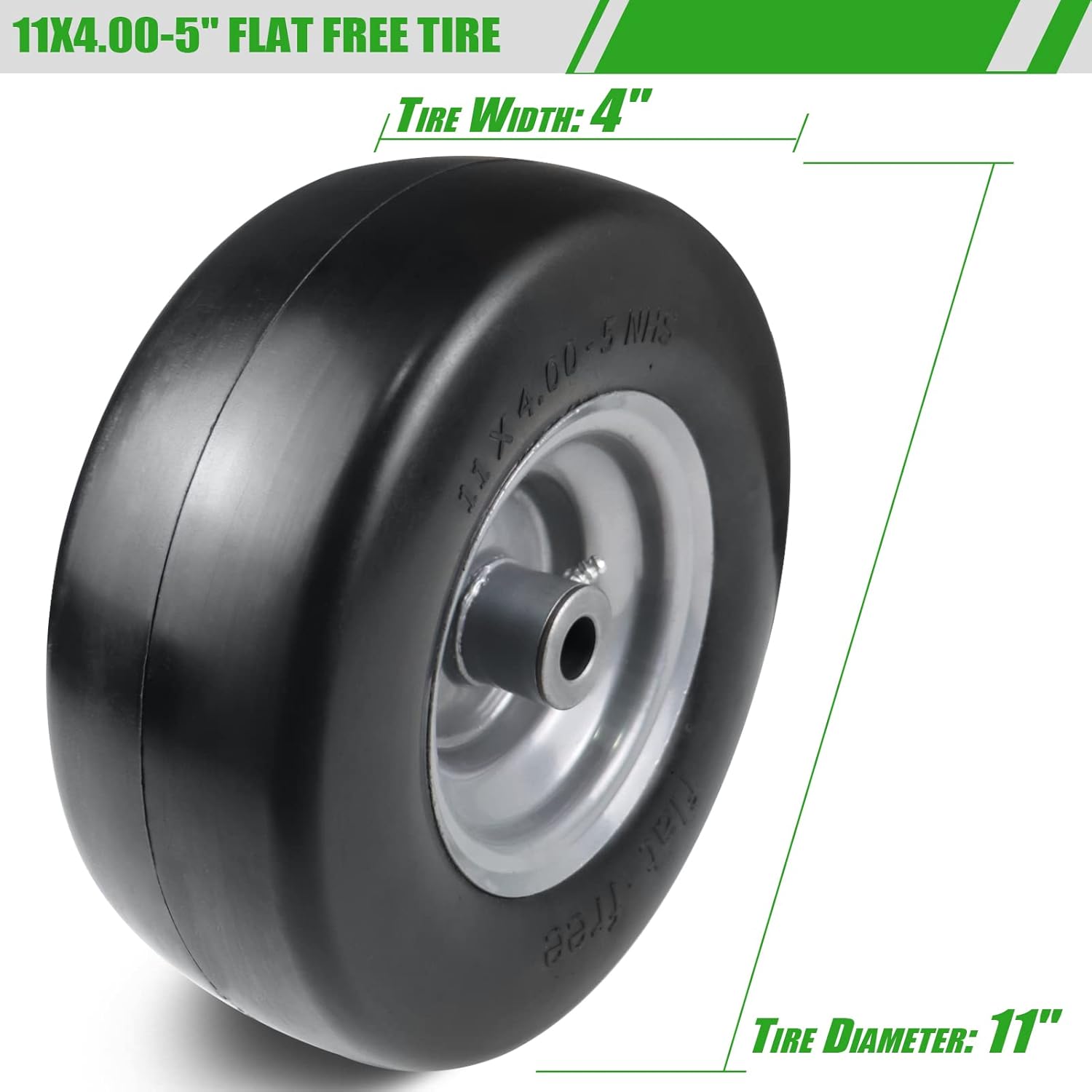 2 PCS 11x4.00-5" Flat Free Lawn Mower Tire on Wheel, 3/4" or 5/8" Bushing, 3.4"-4"-4.5 -5" Centered Hub, Universal Fit Smooth Tread Tire for Zero Turn Lawn Mowers, with Universal Adapter Kit
