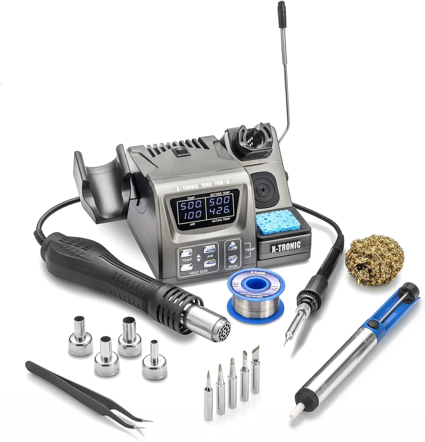 X-Tronic 7040-PRO-X • 775 Watt • Small Footprint Hot Air Rework & Soldering Iron Station • Digital Temp Controls, C/F Conversion, Calibration Func, 0-30 Min Sleep, Auto Cool Down, Mute/Unmute Sound