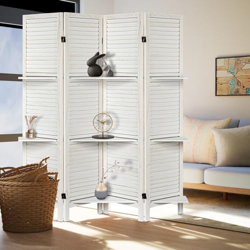 Room Divider with Shelves, Privacy Screen, Room Dividers and Folding Privacy Screens, 5 Panel Wood Temporary Wall Partition Separation Separator, Coconut
