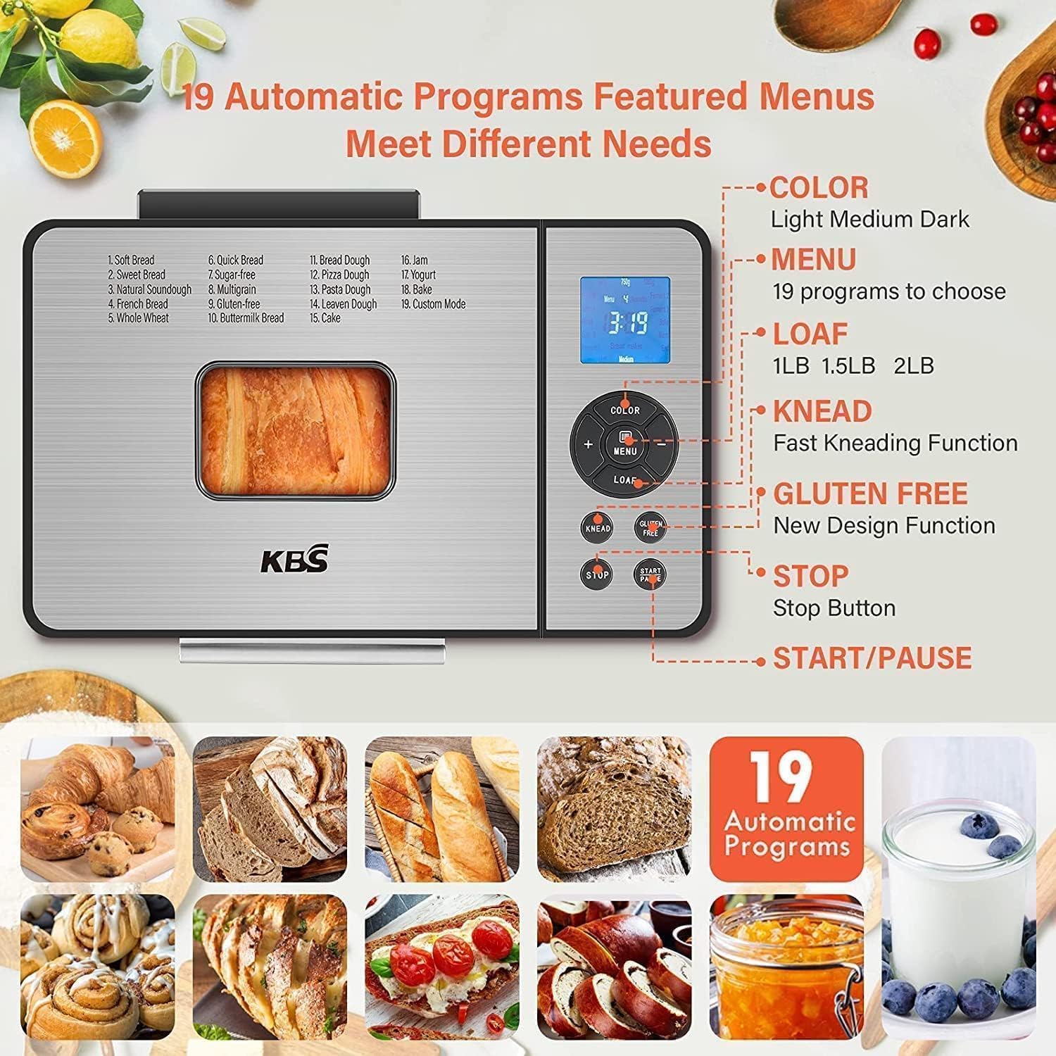 KBS 2LB Bread Maker, 19-in-1 Automatic Bread Machine Stainless Steel with Ceramic Pan,15H Timer&1H Keep Warm, Sourdough, Gluten-Free, 650W Bread Maker Machine with 3 Loaf Sizes 3 Crust Colors, Recipes