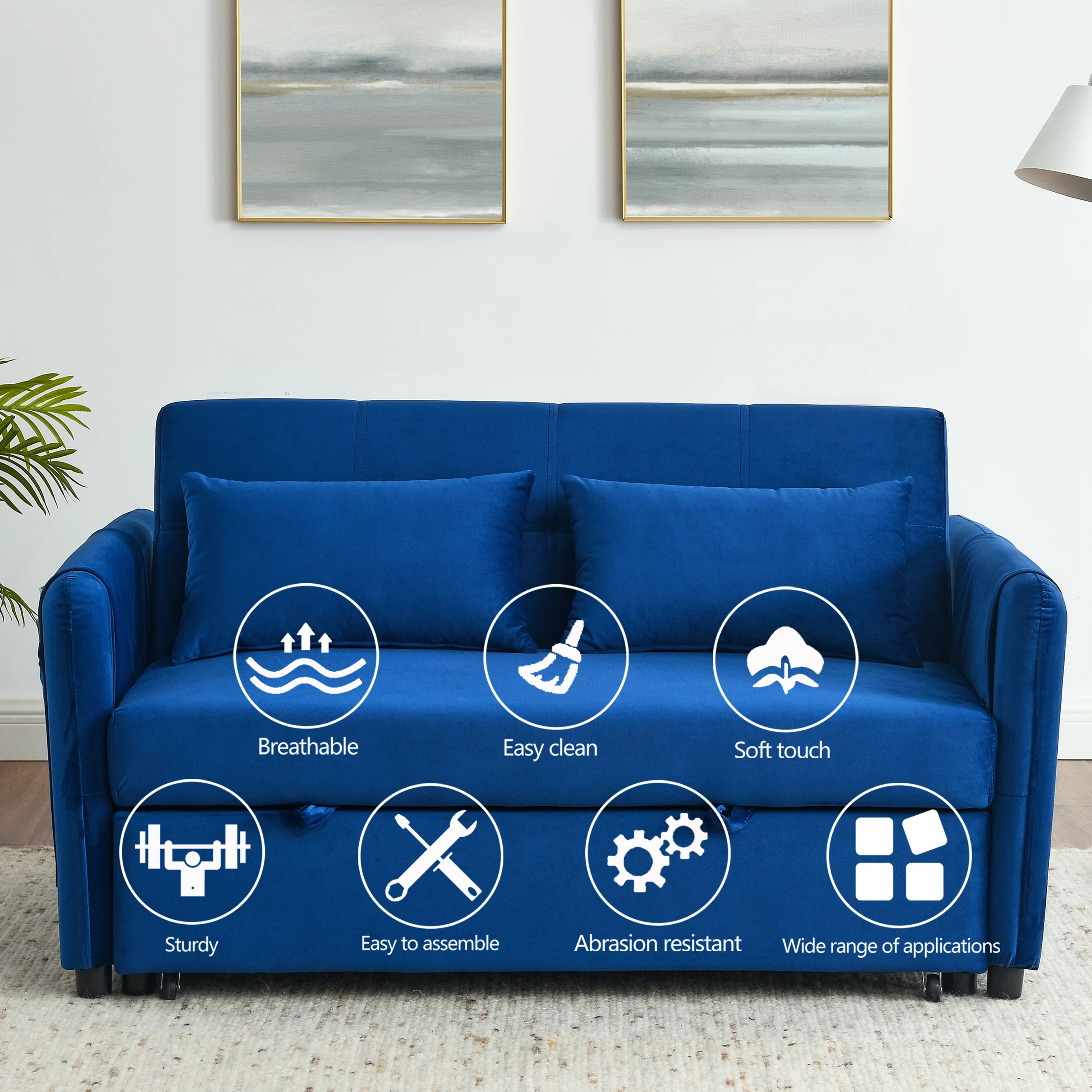 Modern Velvet Pull Out Convertible Sleeper Sofa Bed, Folding Loveseat Futon Couch with Adjustable Backrest Lumbar Pillows for Living Room Bedroom Office - Curated Treasures Market