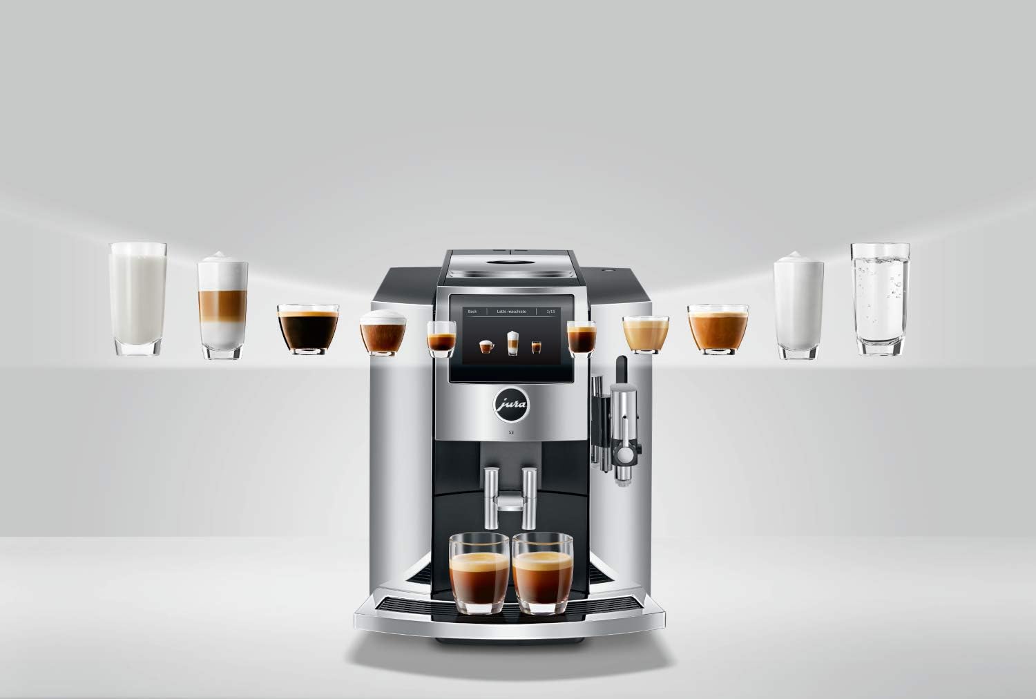 Jura S8 Automatic Coffee Machine, 64 ounces, Chrome & Milk System Cleaner Mini-Tabs w/Dispenser (180 g bottle), white