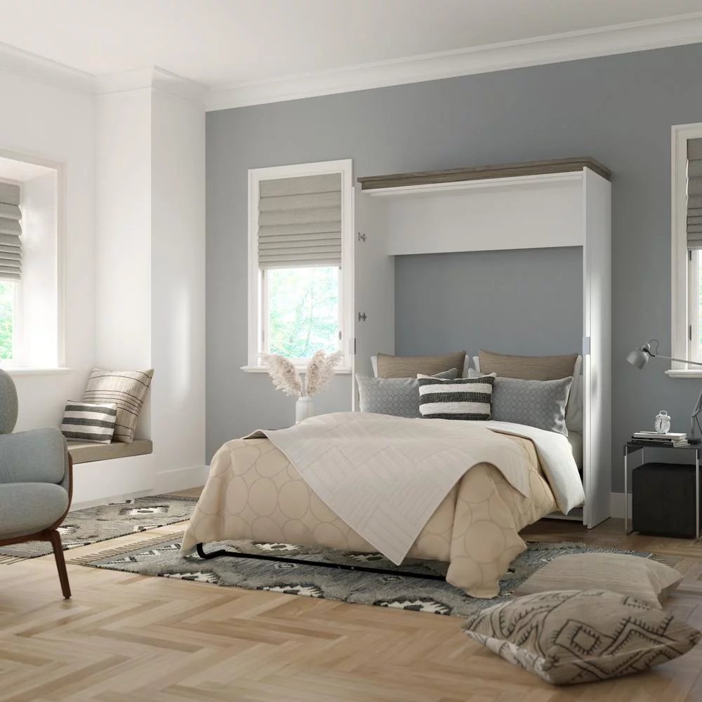 Bestar Orion 61" Full Murphy Bed in White and Walnut Gray
