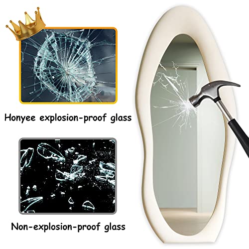 Honyee Full Length Mirror, 63" x 24" Wall Mirror, Flannel Wrapped Wooden Frame Floor Mirror, Irregular Wavy Mirror Hanging or Leaning Against Wall for Cloakroom/Bedroom/Living Room, Milk Tea