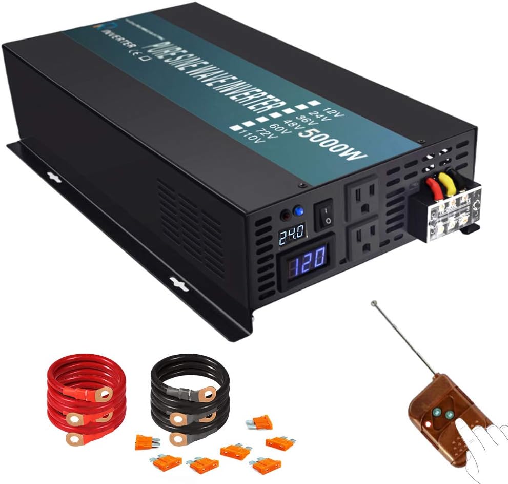 Reliable Pure Sine Wave Power Inverter 1500Watt 24V DC to 110V 120V with Remote Control Dual AC Outlets for CPAP RV Car Off Grid System