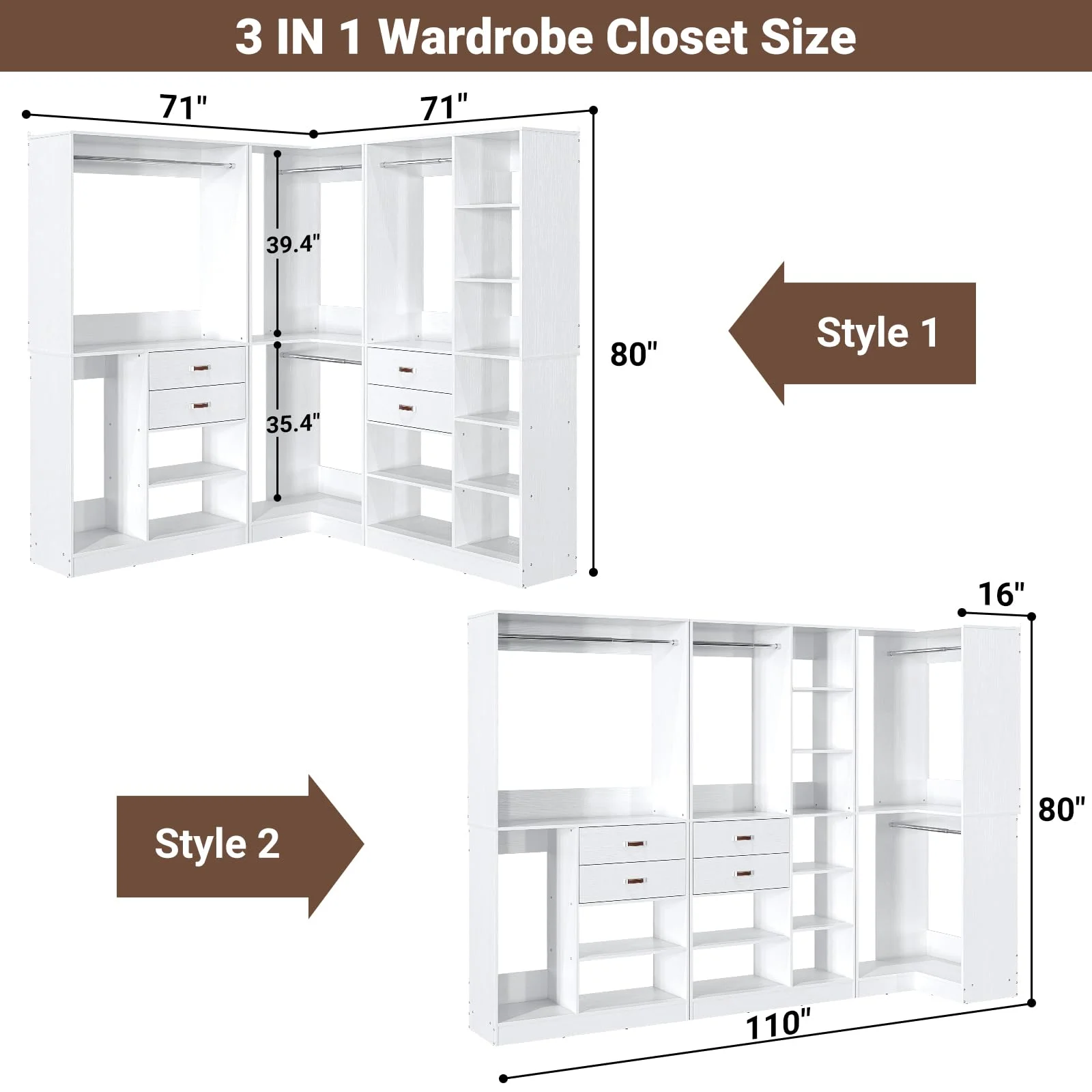 Homieasy Freestanding Closet System with 3 Sets, 110'' Reversible Stand-alone Wardrobe, 80'' Height Cloth Garment Organizer, Walk-in Closet with Hanging Rod, 71"Lx71"Wx80"H, Load 2500 LBS, White - Curated Treasures Market
