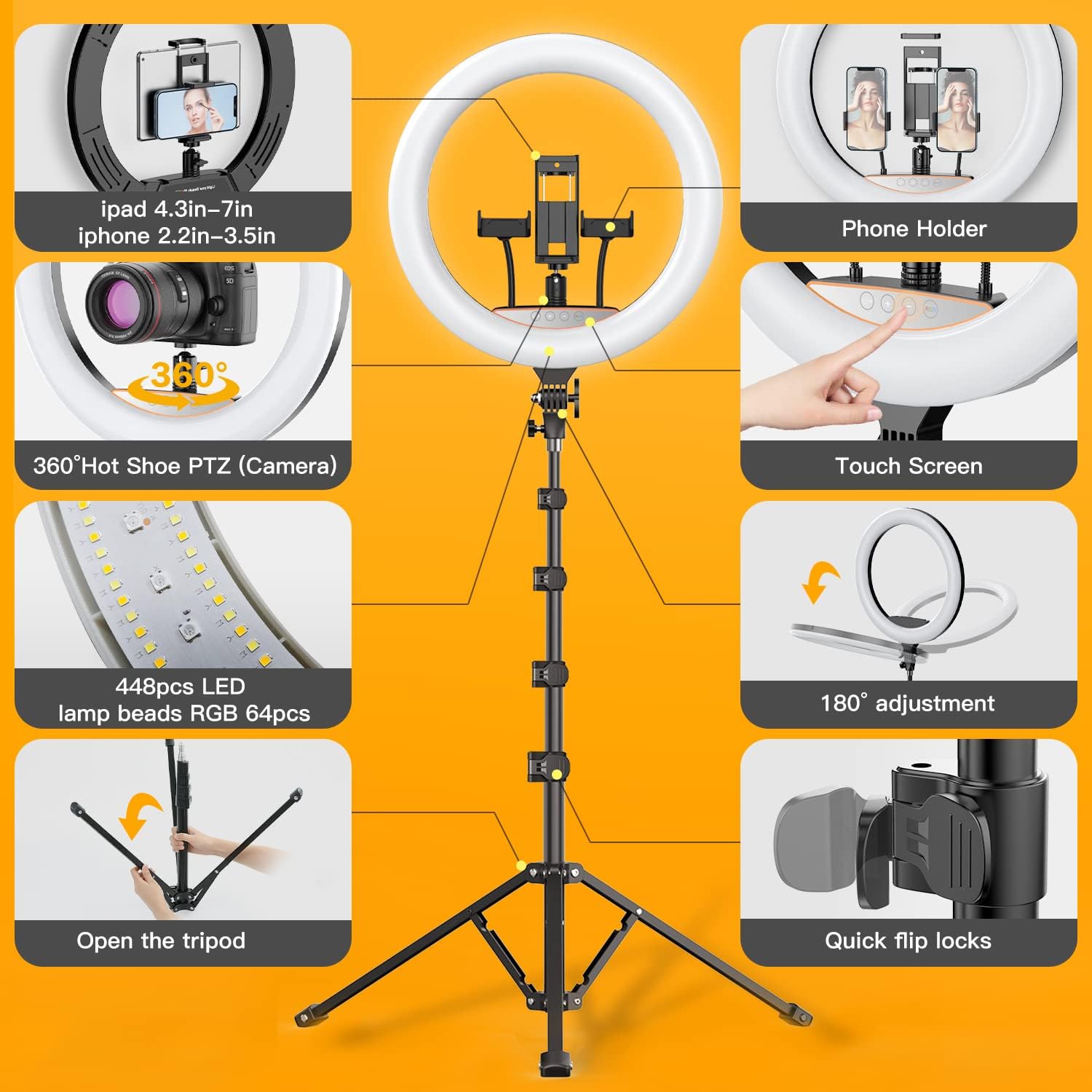 RGB Ring Light 18 inch with Tripod Stand (2700-7000K) for Phone Camera iPad Selfie Live Stream YouTube TikTok Video Shooting Best Lighting Atmosphere Ringlight