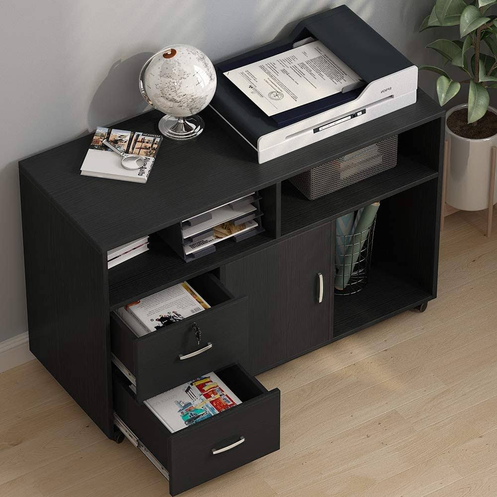 Wood File Cabinet, 2 Drawer Storage Printer Stand, Mobile Lateral Filing Cabinet with Locks and Wheels, Open Storage Shelves for