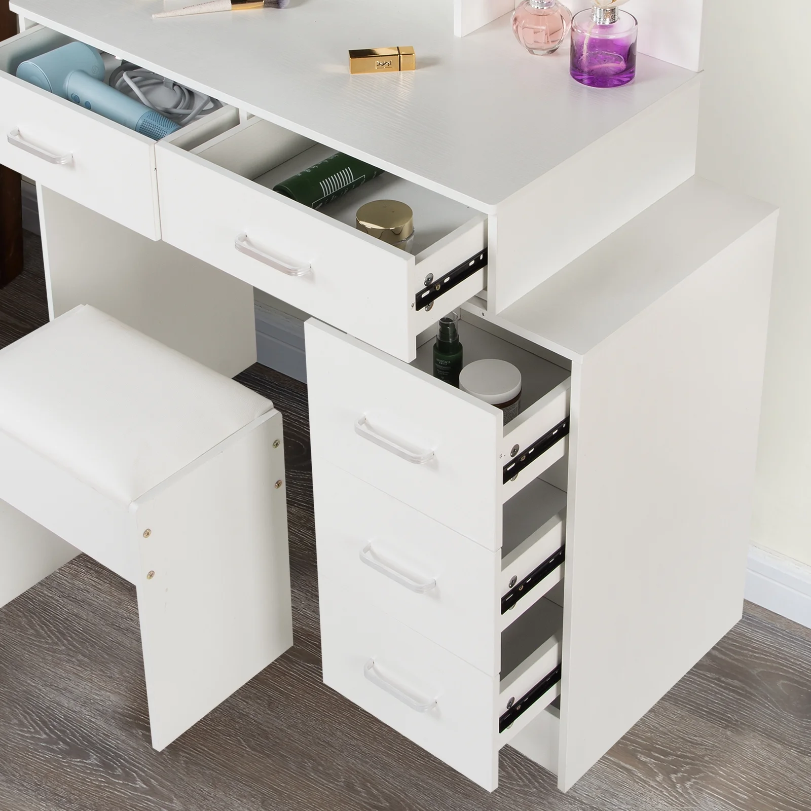 JBLCC Vanity Set with LED Lighted Mirror, Makeup Vanity Desk with Drawers and Shelves, Dressing Table with Stool, White Vanity for Girls Bedroom