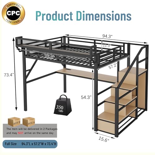 Full Size Loft Bed with Stairs and Storage, Metal Loft Bed Frame with Bedside Shelf and Large Under-Bed Space, Heavy-Duty Bed for Adults Teens and Kids, Black