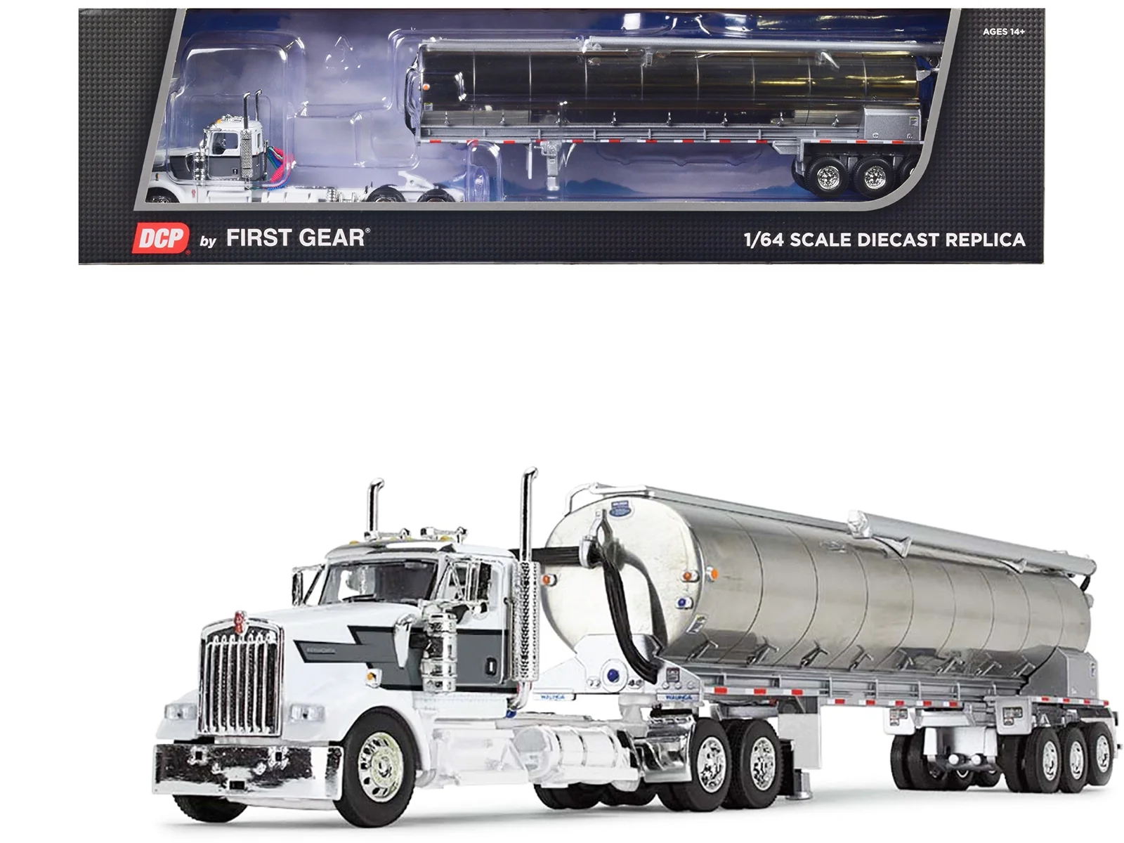 Kenworth W900L Day Cab and Walinga Bulk Tank Trailer White with Black and Gray Stripes 1/64 Diecast Model by DCP/First Gear - Curated Treasures Market