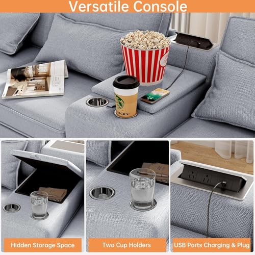 Modular Sectional Sofa, Convertible U Shaped Sofa Couch with Central Console & USB Ports, 7 Seat Modular Sectionals Couch with Chaise and Storage for Living Room, Light Grey
