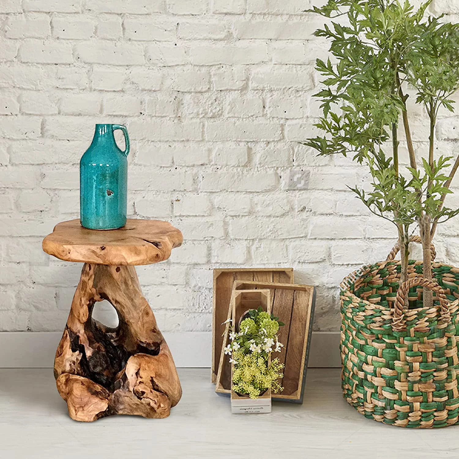 Natural Irregular Shape Tree Stump End Table Plant Stand, 14"x13"x18"H Solid Cedar Wood Outdoor Rustic Sit Foot Stools Live Edge Coffee Side Table for Living Room Bedroom Bath Outdoor Garden