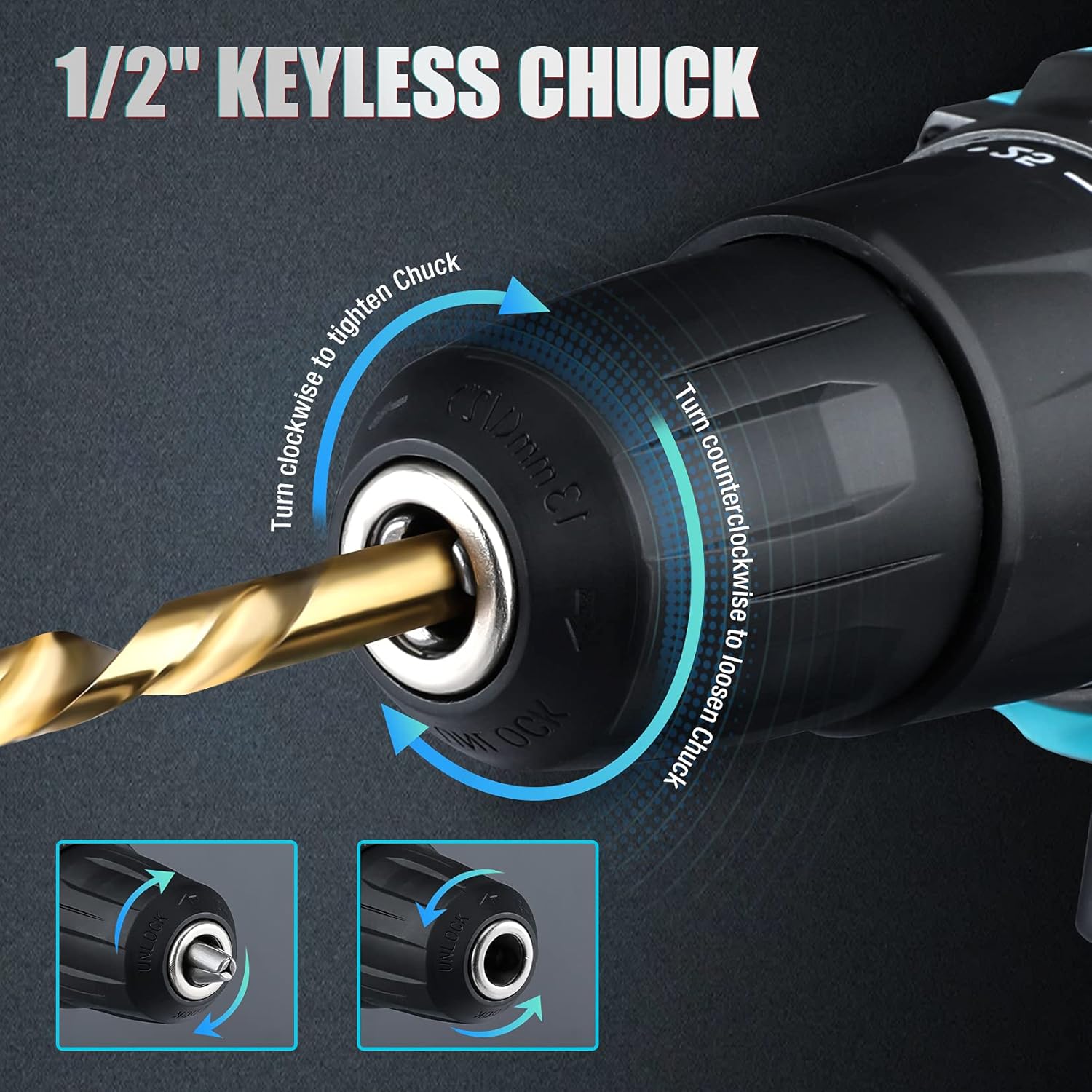 DURATECH 20V Cordless Drill, Electric Power Drill Driver Set with 1/2” Keyless Chuck, Variable Speed, 25+1 Torque Settings, 350 In-lbs Torque and 16pcs Drill Bits, Drill Tools Kit for Home Improvement Pack of 2