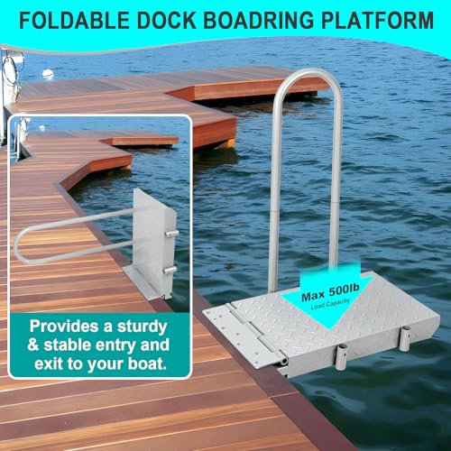 Boat Boarding Platform with Handrail, Dock Extension Step with Safety Grab Bar, Folding Dock Boarding Platform for Marina, Dock, Deck, Boat, Silver