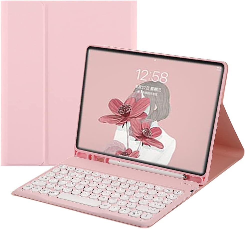 iPad Pro 12.9 inch 5th 4th 3rd Generation Keyboard Case Cute Round Key Color Keyboard Wireless Detachable BT Keyboard Cover with Pencil Holder (Pro12.9(2021/2020/2018), Pink)