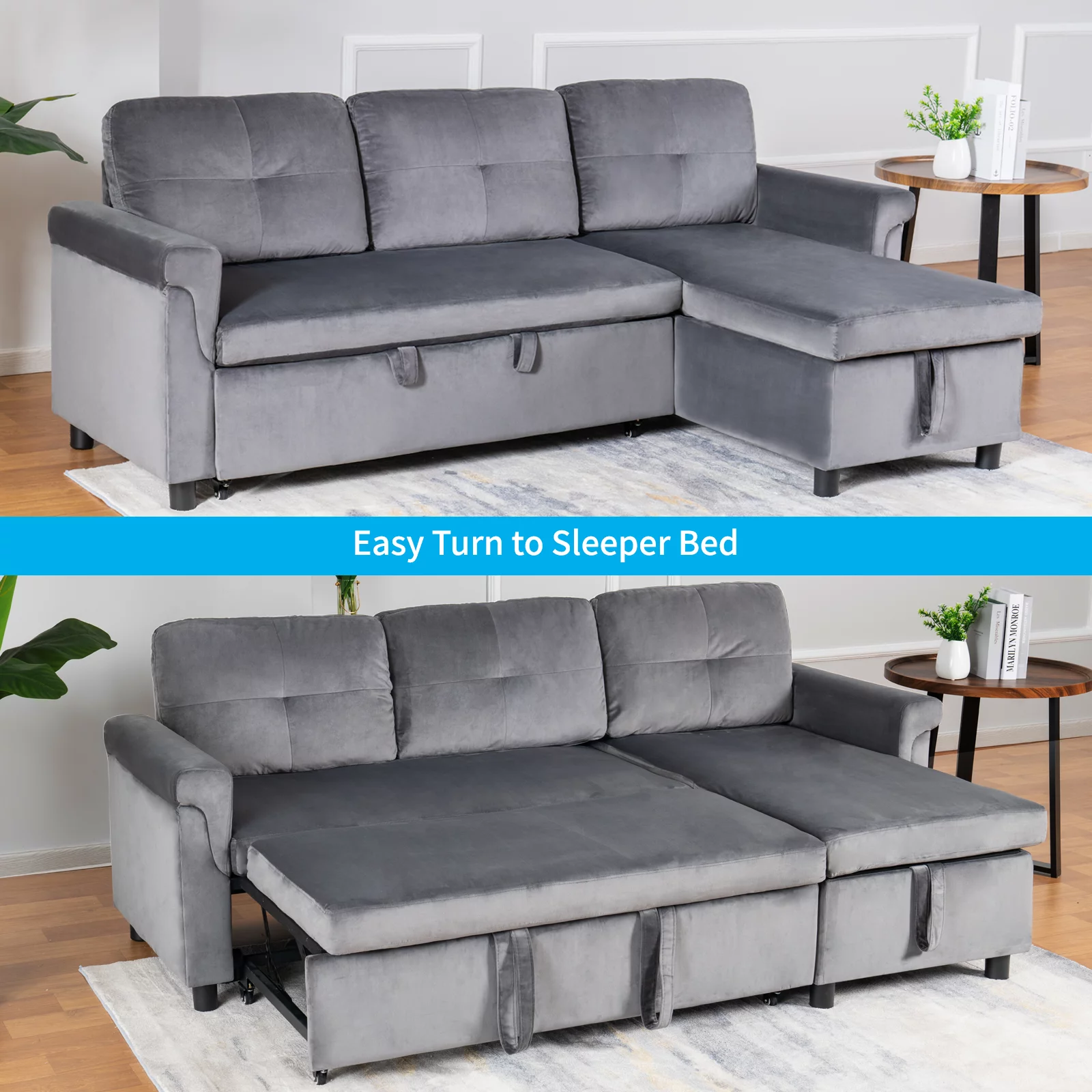 Mjkone Reversible Sectional Sofa Couch with Storage Chaise, Modern Dutch Velvet L-Shaped Sleeper Sofa 3-Seat Couches Sectional with Reversible Chaise (Light Gray)