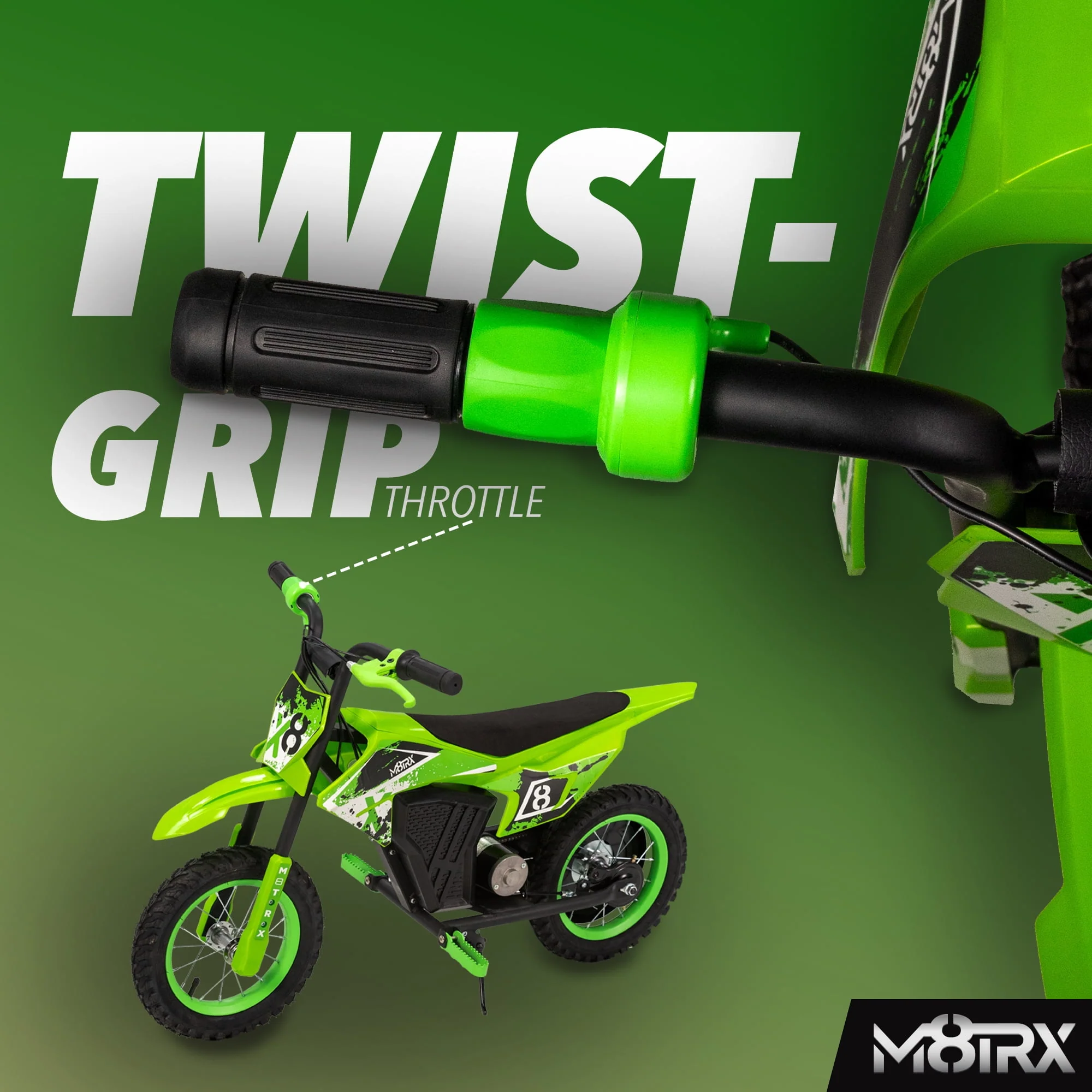 M8TRX 12V Mini Electric Child Dirt Bike, Battery Powered Toy Motorcycle, Kids Ride On, Ages 5 Years and Up, Green