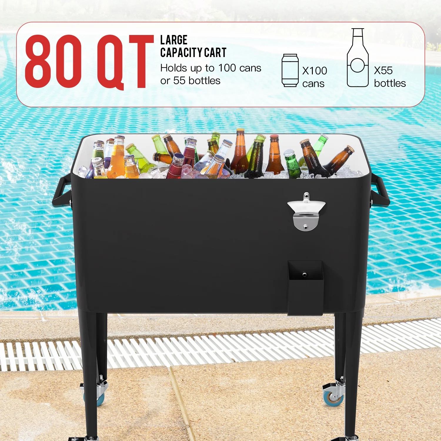 FDW 80 Quart Outdoor Cooler Cart Rolling Ice Cooler Ice Chest with Wheels Side Handles Bottle Opener Cap Catcher Portable Drink Cooler for Parties Poolside Patio BBQ Beach, Black