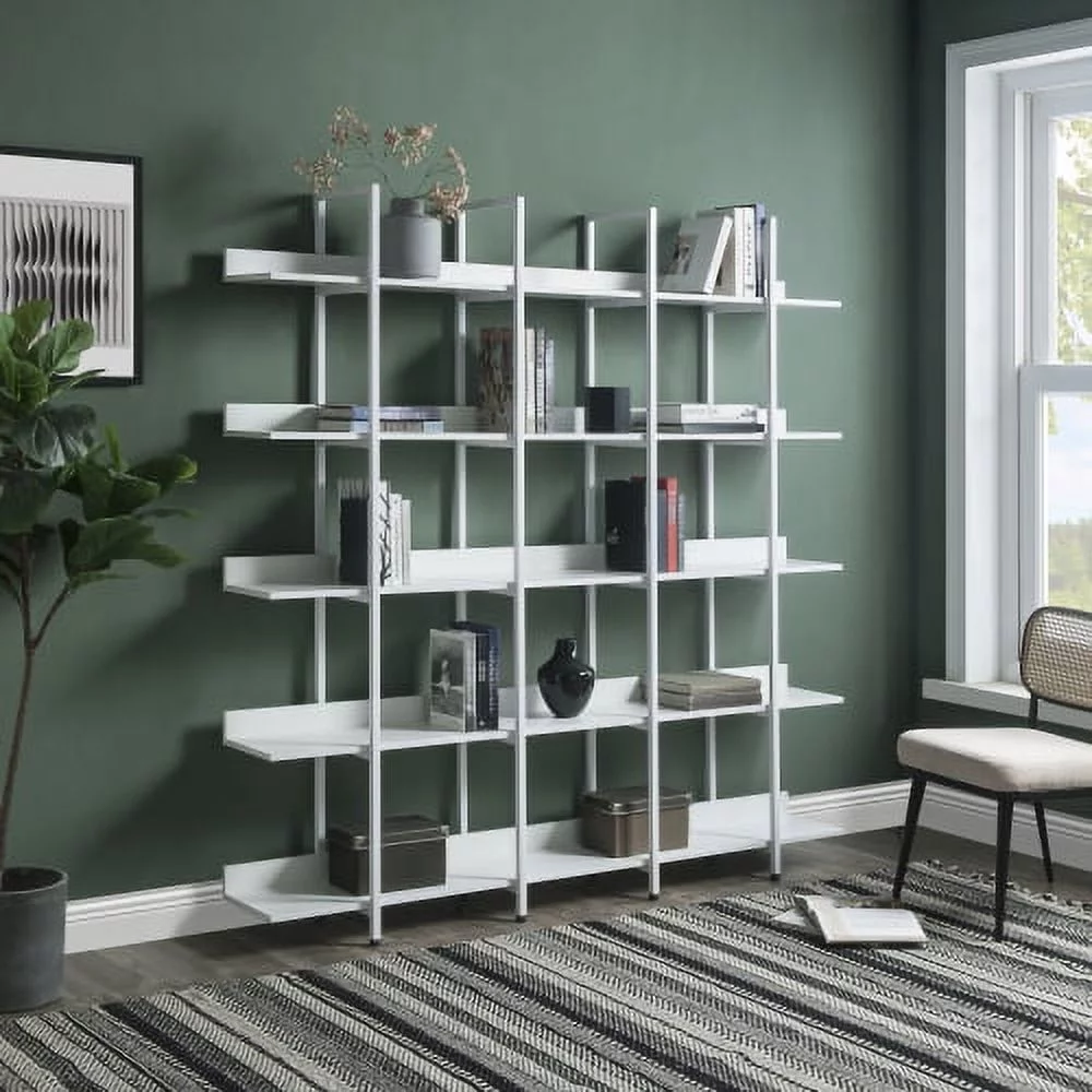 5 Tier Bookcase Home Office Open Bookshelf, Vintage Industrial Style Shelf with Metal Frame, MDF Board,White - Curated Treasures Market