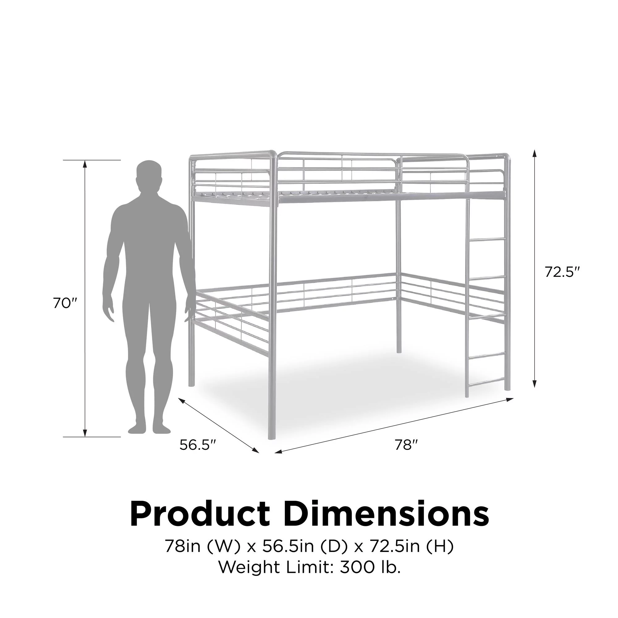 DHP Tommy Full Metal Loft Bed, Silver