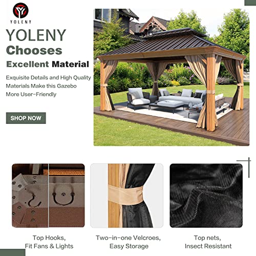 YOLENY 10' x 12' Hardtop Gazebo, Wood-Looking Gazebo with Galvanized Steel Double Roof, Aluminum Frame, Permanent Metal Pavilion with Netting and Curtains for Deck, Backyard, Patio and Lawns