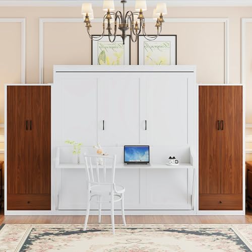 KLMM Wooden Murphy Bed Wall Bed with 2 Wardrobe and Storage Shelf,Foldable Platform Bedframe for Guest-Room Bedroom Study Office Use (White#E, Full)