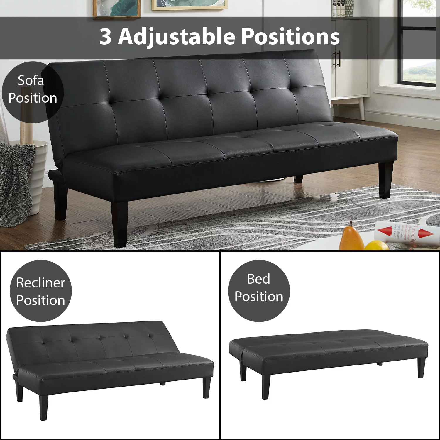 Modern Tufted Convertible Futon Sofa Bed, Folding Sofa Couch with Wooden Legs, Reclining Small Couch, Durable and Sturdy Futon Sofa, Faux Leather, Black