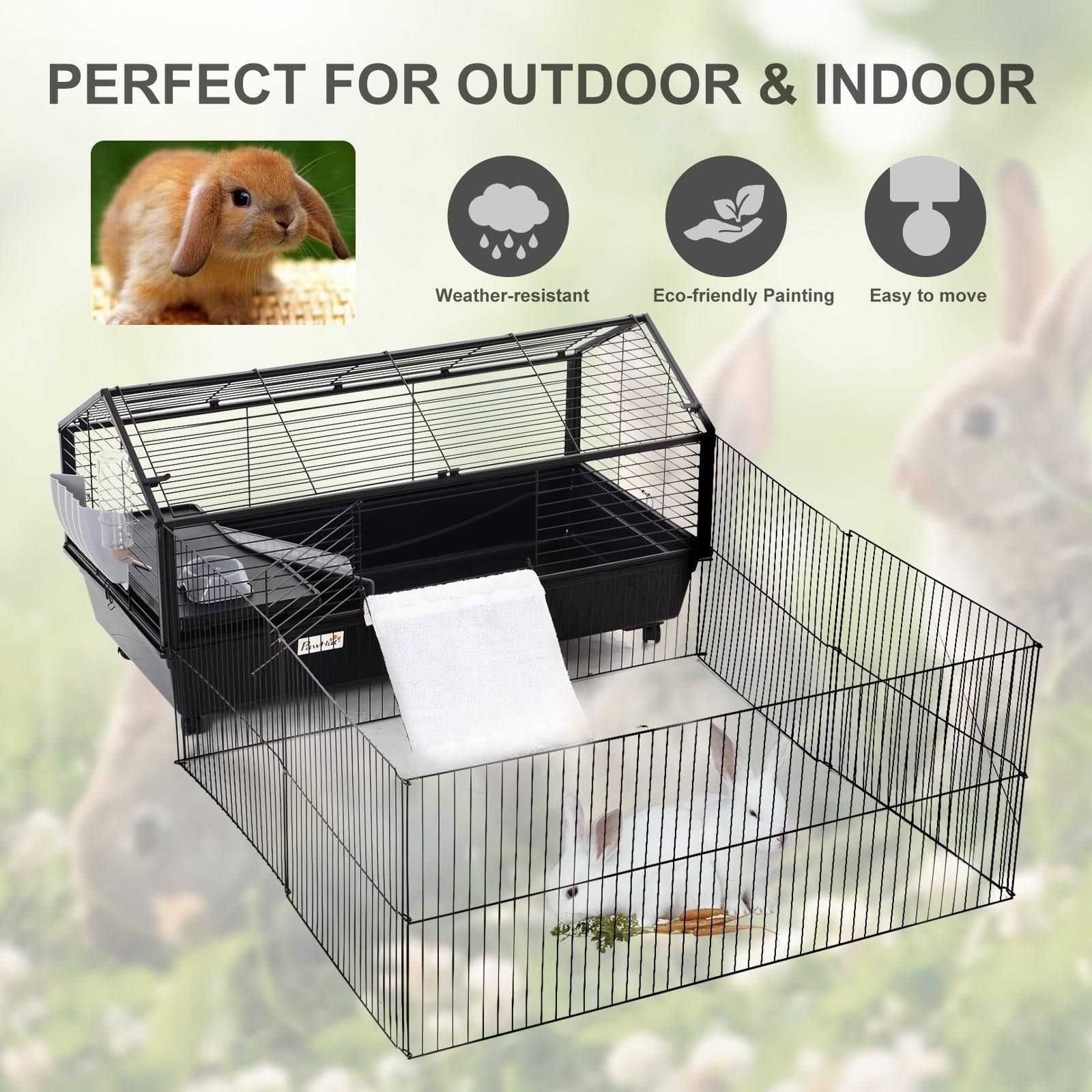 PawHut Rolling Metal Rabbit, Guinea Pig, or Small Animal Hutch Cage with Main House and Run, 47x22 L