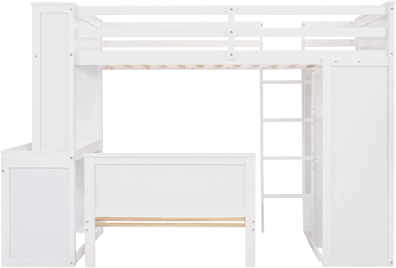 Over Bunk Beds With Desk And Drawers, Wooden Size Loft Bed Removable Wardrobe Shelves Storage Ladder Guardrails For Kids White