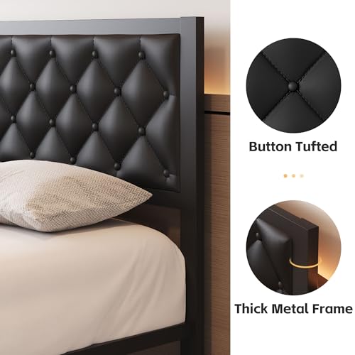 Queen Bed Frame with Headboard PU Leather Upholstered Bed Frame Platform,All Metal Slats Support Platform Bed Frame with Storage Space,Easy Assembly,Noise Free,No Box Spring Needed,Black