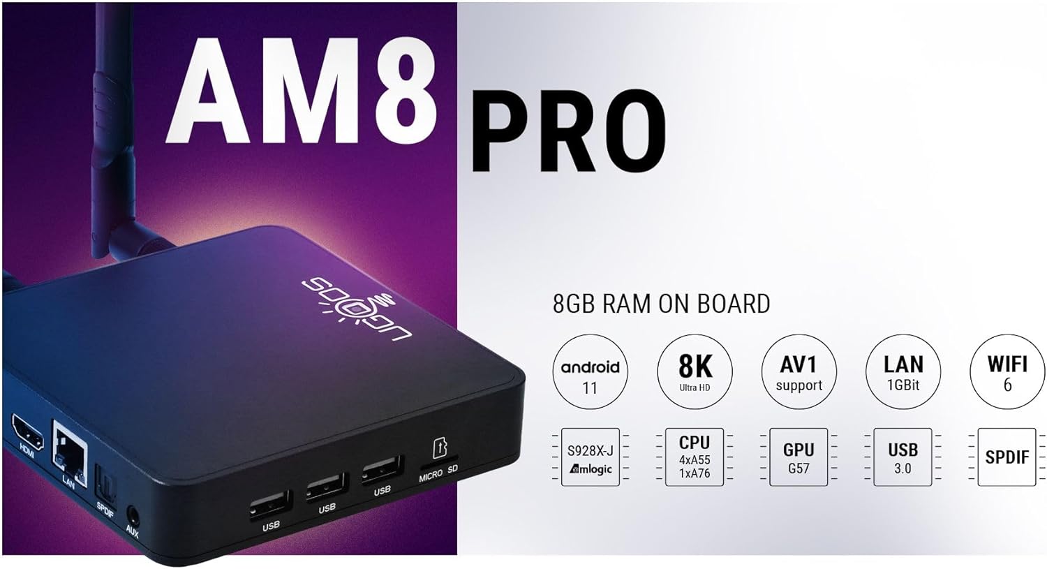 AM8 PRO 8K Ultra HD Android TV Box Amlogic S928X-J Android 11.0 LPDDR4 8GB RAM 64GB ROM WiFi6E 1000M LAN BT5.3 USB3.0 Support AV1 H.265 8K 60fps VP9 HDR Box
