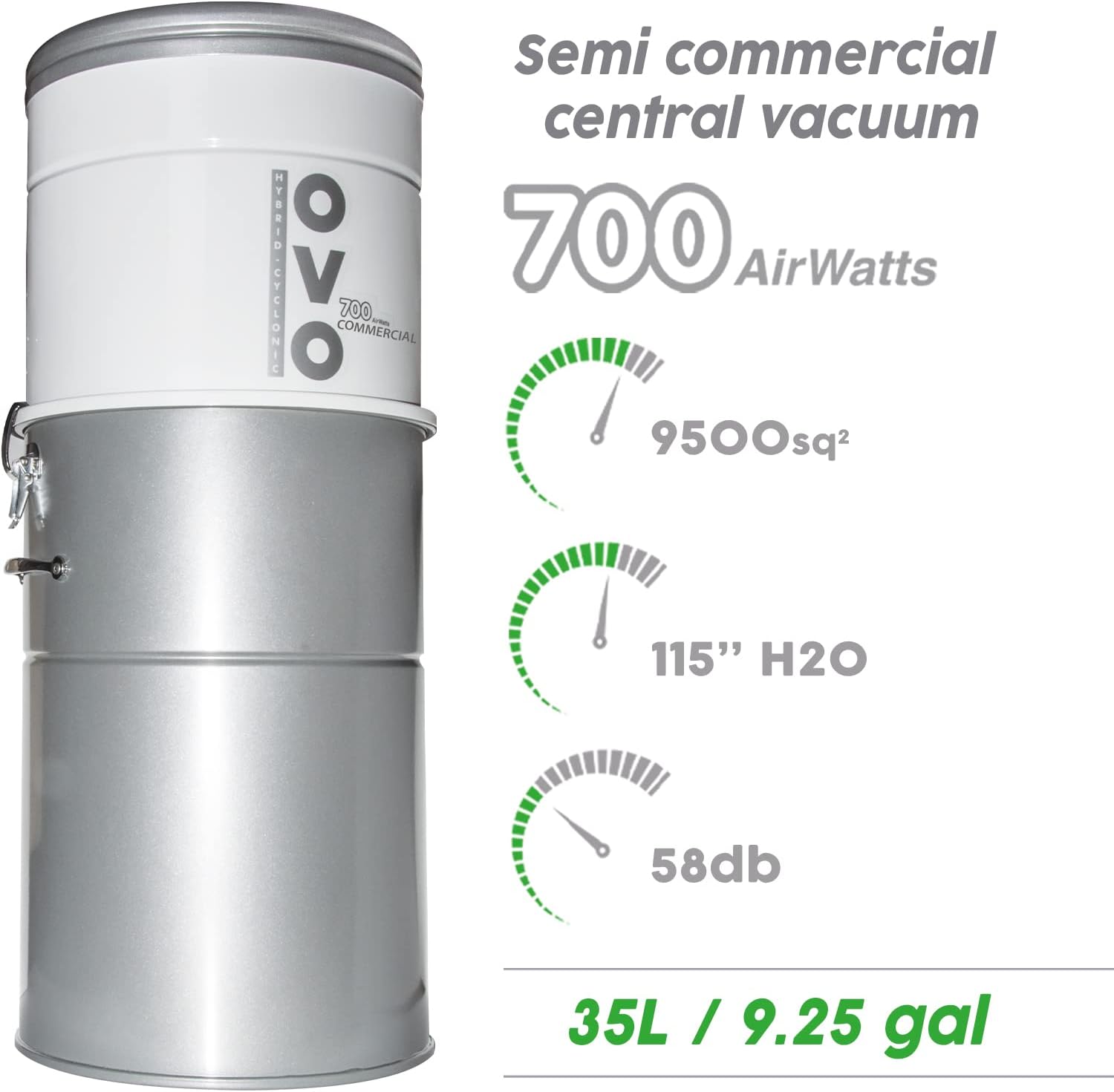 OVO Semi Commercial Central Vacuum System, Hybrid Filtration with or Without Disposable bags-700 Airwatts Power Unit, 35L or 9.25Gal, White