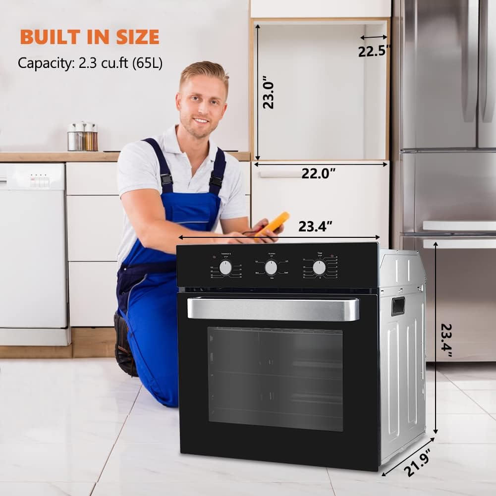 24 Inch Single Wall Oven, thermomate 2.3 Cu.ft. Electric Wall Oven with 5 Cooking Functions,Black Tempered Glass Finish, 2000W Built-in Wall Ovens with Mechanical Knobs Control, ETL Certified