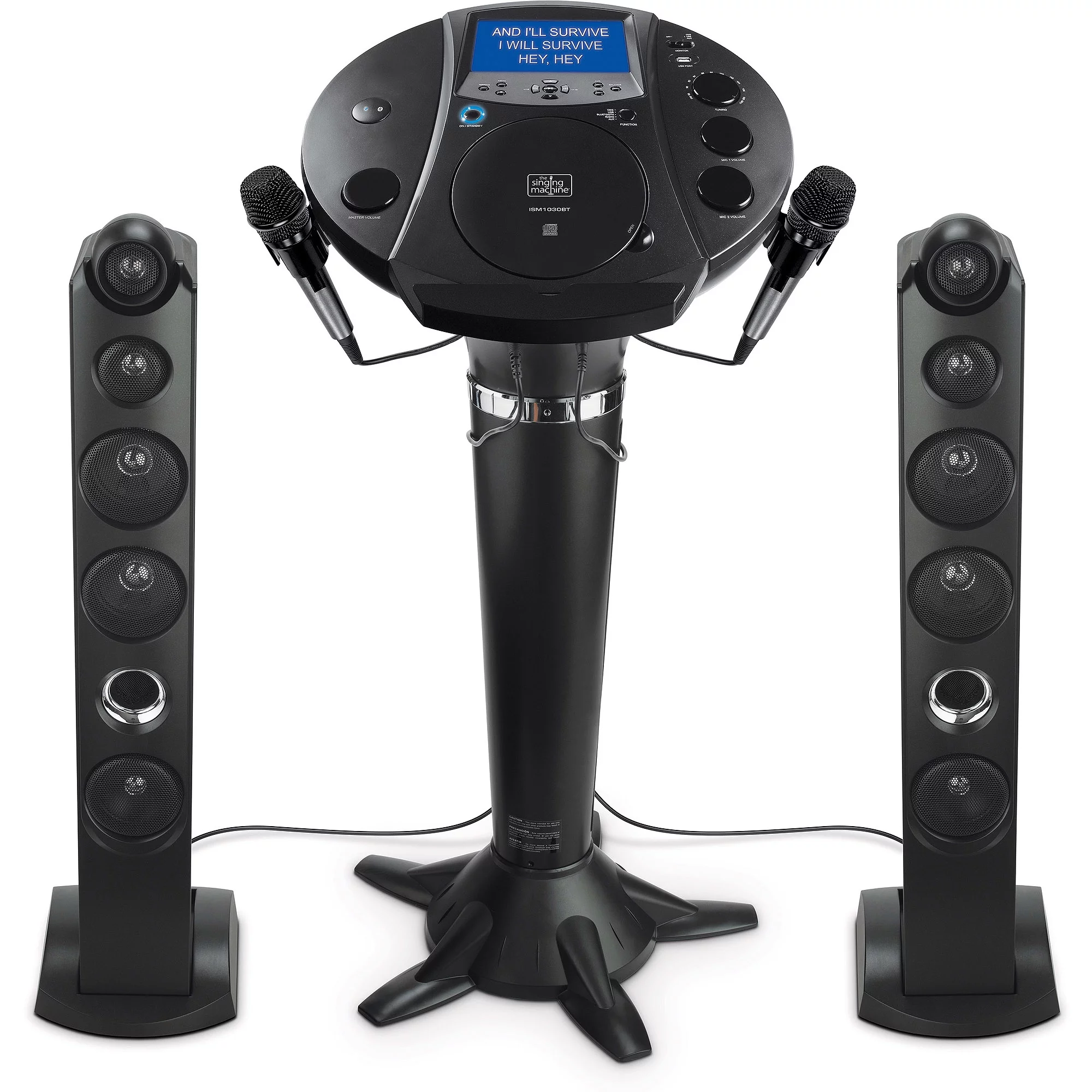 Singing Machine ISM1030BT Bluetooth Pedestal Karaoke System with Resting Tablet Cradle and 7"LCD Color Monitor and Two Microphones, Black