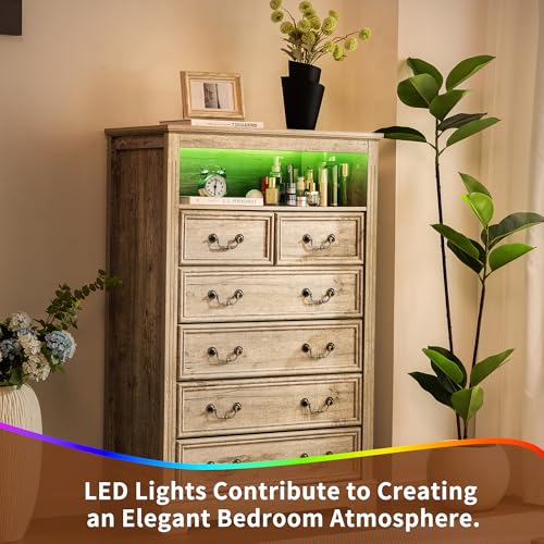 Dresser for Bedroom with Charging Station & LED Light,Tall Dresser & Chests of Drawers with 6 Drawers,Vintage Gray