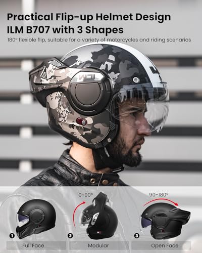 ILM Vintage Full Face Modular Motorcycle Helmet for Adults Men ATV UTV Snowmobile with 180° Reversible Chin Guard DOT Model-B707(Matte Black, L)