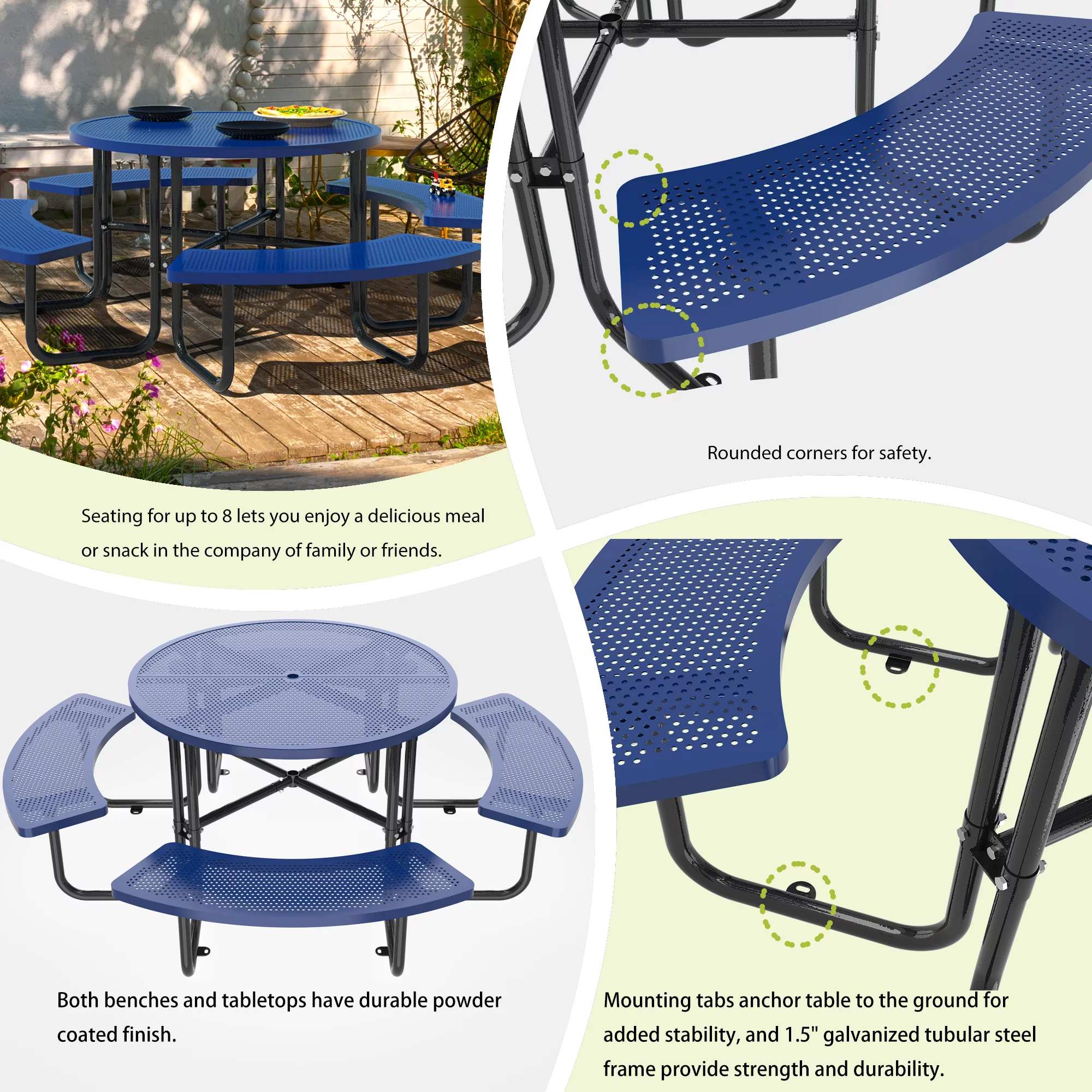 46'' Steel Round Picnic Table for Outdoors, Expanded, Lifetime Picnic Table with Umbrella Hole, Heavy Duty Sturdy Commercial Picnic Tables for Garden Courtyard BBQ, Blue