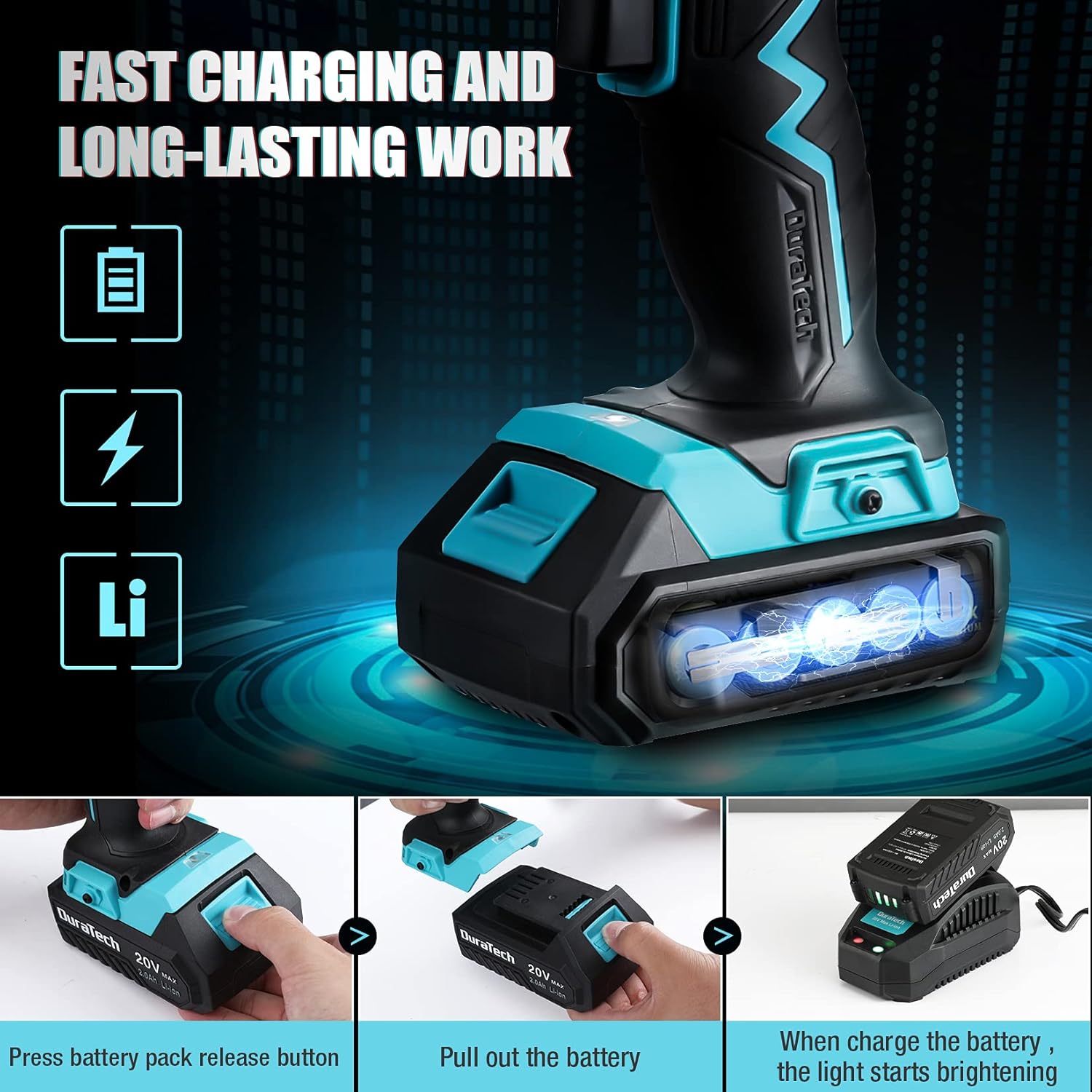 DURATECH 20V Cordless Drill, Electric Power Drill Driver Set with 1/2” Keyless Chuck, Variable Speed, 25+1 Torque Settings, 350 In-lbs Torque and 16pcs Drill Bits, Drill Tools Kit for Home Improvement Pack of 2