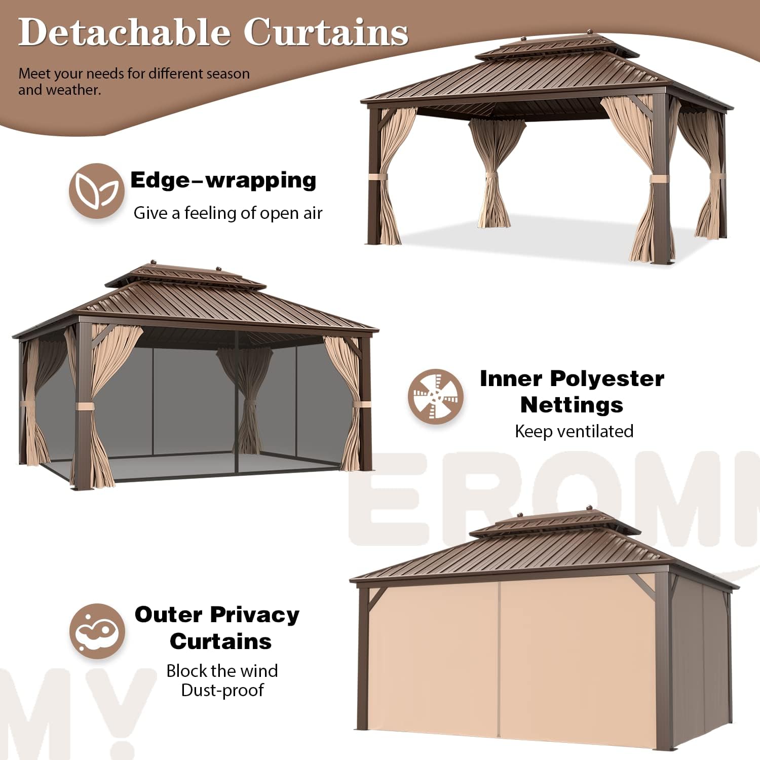 EROMMY Hardtop Gazebo Galvanized Steel Outdoor Gazebo Canopy Double Vented Roof Pergolas Aluminum Frame with Netting and Curtains for Garden,Patio,Lawns,Parties (10'x 13')